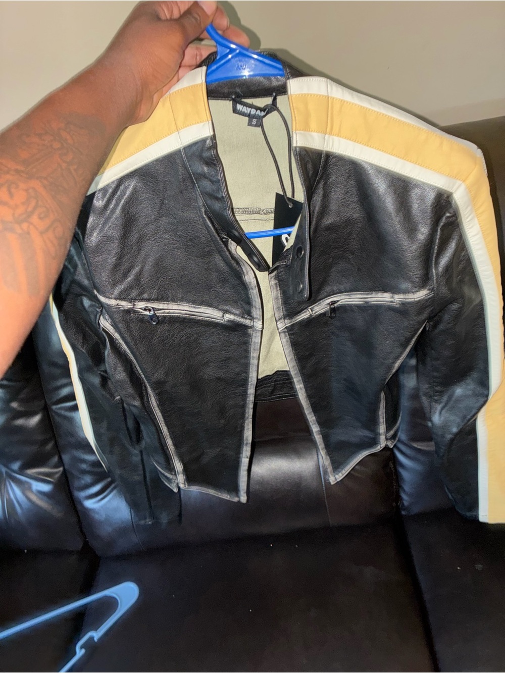 Wayday Black Leather Racing Jacket with Cream and Tan Stripes